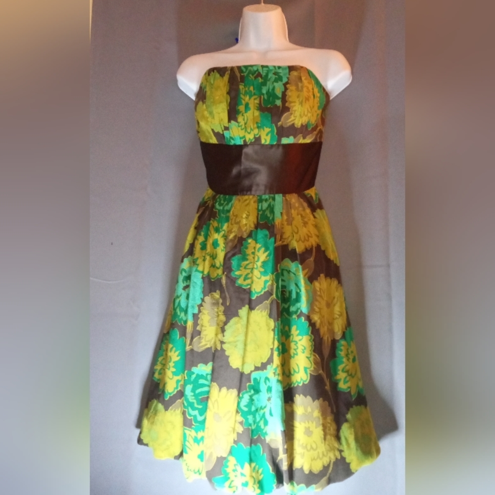 Silk sleeveless Heart Shaped mini 👗 green print w/ brown satin waist Size 2